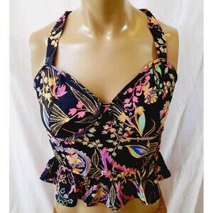 Sienna Sky Womens Large Crop Tank Top Back Tie Black Floral Beautiful